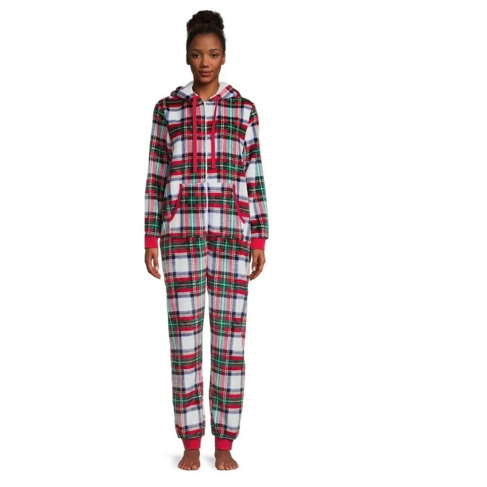Holiday Time Red White and Green Plaid Pajama One Piece Size XS New